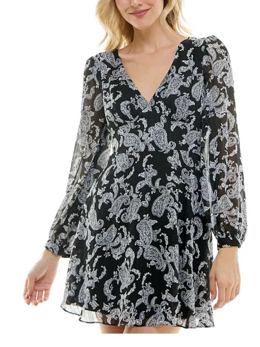 B Darlin Juniors' Paisley-Print V-Neck Mini Dress,